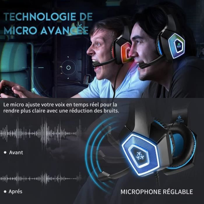 PREUP Casque Gamer PC avec Anti-Bruit, Réglable Micro Basse