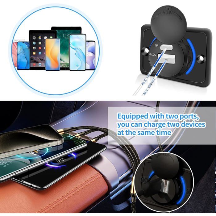 Prise USB Double 12V Encastrable Voiture - 2 Ports 3.1A Charge Rapide - Étanche IP55 - Pour Camping-car, Bateau, SUV - Installation Facile