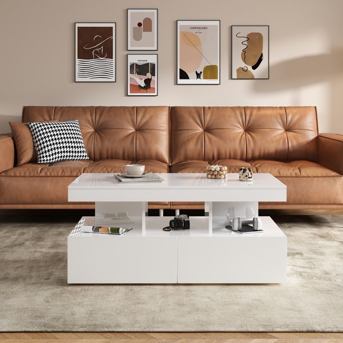 Table Basse Avec LED, 1 Tiroir, 2 Compartiments, Design Irrégulier, 100x50x40 Cm , Noir | Leroy Merlin