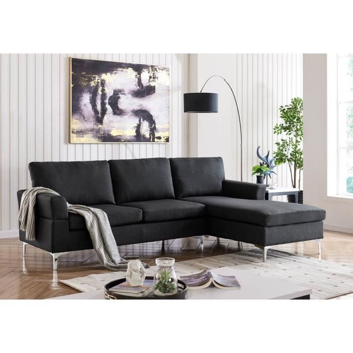 canape d angle avec meridienne en tissu noir carson angle droit cdiscount maison