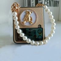 For Samsung Z Flip 4 - Blanc court - Coque De Téléphone En Cuir Pu, Bracelet À Perles Avec Longue Chaîne