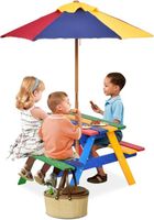 GOPLUS Ensemble Table de JardinTable de Pique-Nique Colorée,pour Enfants avec Parasol en 3Couleurs H140 X Ø 120 CM,Bancs