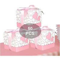 XJYDNCG Lot de 50 boîtes bonbonnières, pour dragées et cadeaux, avec ruban en satin - Motif : cœurs - rose