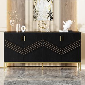 Buffet bahut - TANANT - 4 Portes - Noir - Moderne - Etagères Réglables - 160x40x80.5 cm