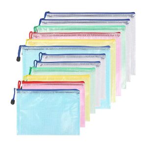 Lot de 12 pochettes à fermeture éclair au format A4, en plastique maillé imperméable, idéales pour ranger des produits cosmétiques, fournitures de bureau et accessoires, 12 couleurs