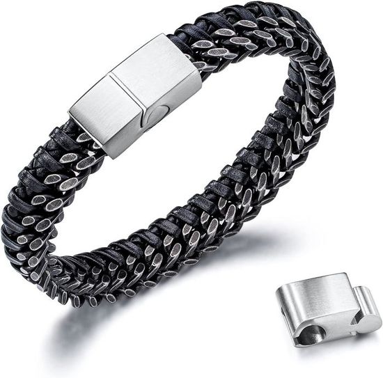Bracelet Homme Cuir Marron Tressé Et Fermoir Acier Magnétique Noir