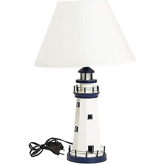 Lampe De Table Phare, Bois, Blanc Bleu, Abat-Jour Style