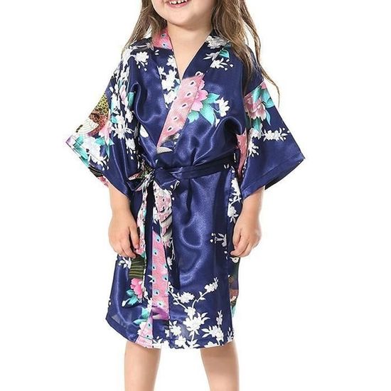 YAOMEI Kimono Robe Fille Enfant - Paon Fleurs Satin Pyjama