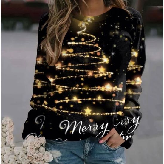 Sweat De Noël Pour Femme Xnova - Col Rond, Motifs Père Noël, Renne, Sapin - 45% Coton, 55% Polyester