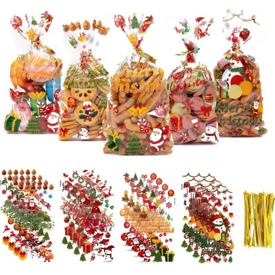 100 Sachets Bonbons Noël Transparents Avec Attaches - 4 Motifs Festifs, OPP Alimentaire, 27x12.5 Cm
