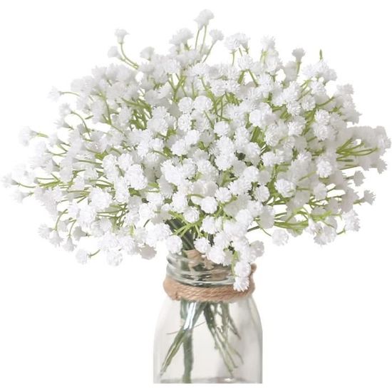 Yunuo Lot de 12 fleurs artificielles blanches en soie gypsophile pour décoration de mariage, maison, fête, cadeau (blanc