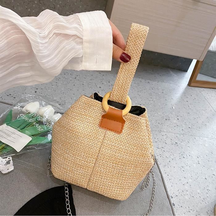 Sac Bandoulière Fourre-tout En Paille Tressée Blanc - Doublure Cuir, Fermeture Zippée, Neuf Sans étiquette