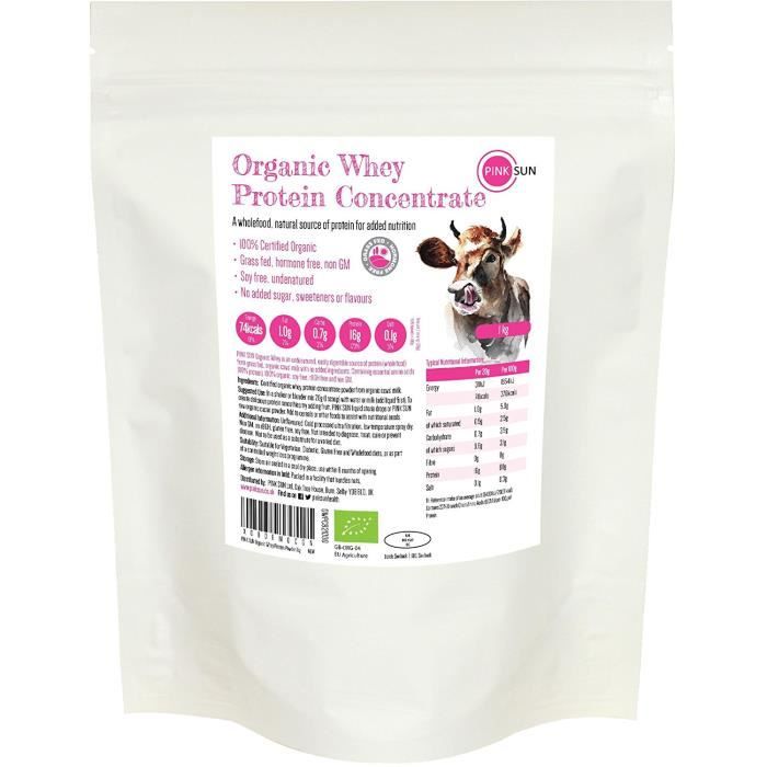 PINK SUN Poudre de Protéine de Lactosérum Bio 1kg (80% proteine) - Certified Organic Whey Protein Powder 1000g: Hygiène et Soins