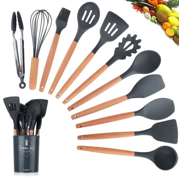 11pcs Set ustensiles de cuisine en silicone avec Boîte de rangement Coffret - Noir