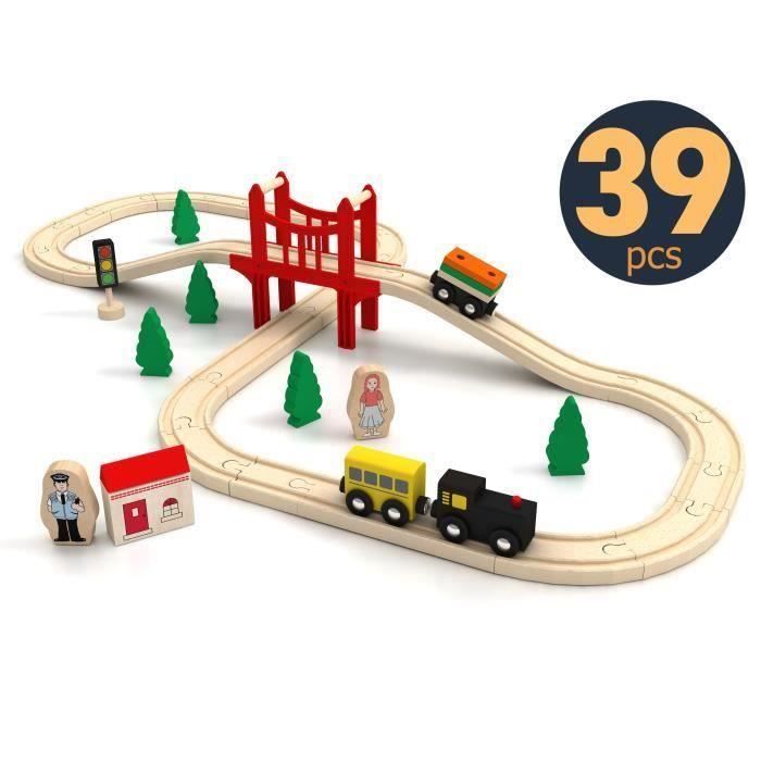 Tiny Land Circuit Train Enfant,Trains et véhicules & Rails Pack(39 pcs), Compatible avec Brio, IKEA