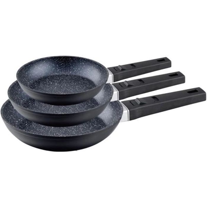 Qualité Allemande Set 3 Poeles Turbo Induction Revêtement Marbre Manche Détachable 2à-24-28 cm