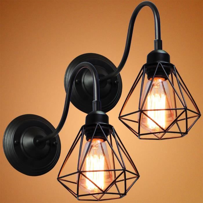 U-do 2 pièces -E27 Lampe Applique Murale Forme de Diamant Fer Forgé Cadre Cage Noir