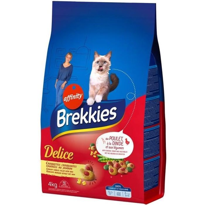 Brekkies Delice Croquettes Croquantes Fourrées au Jambon pour Chats au Poulet Dinde et Légumes 4Kg (