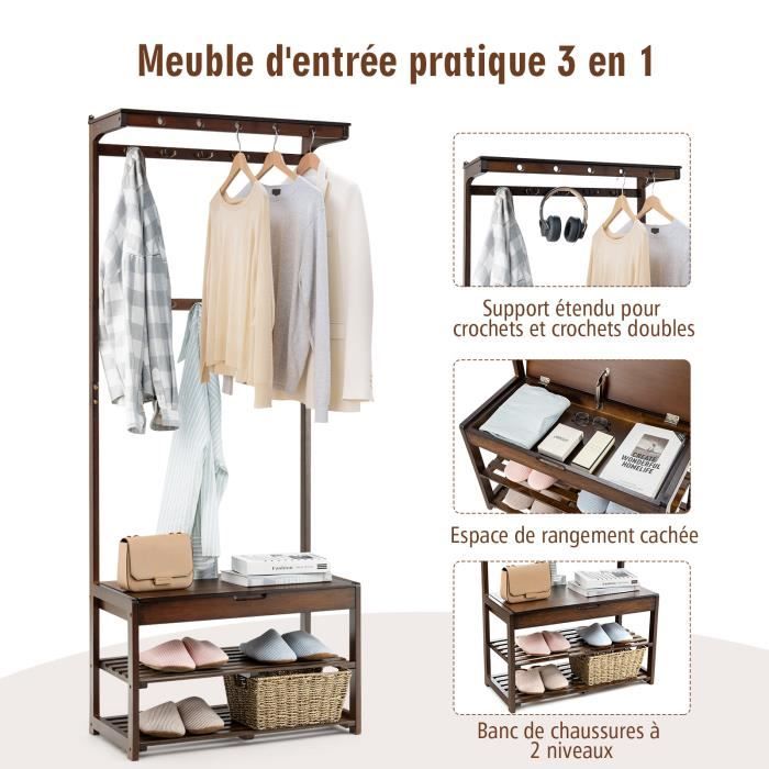 COSTWAY Porte-Manteau Vestiaire avec avec 10 Crochets Banc et Étagère à Chaussures Style Industriel Meuble d’entrée Bureau, Chambre