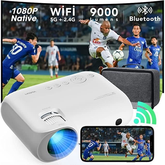 Vidéoprojecteur WiFi Bluetooth - 9000 Lumens Mini Projecteur Portable Full HD 1080P Natif, WiFi 5G/2.4G Dual-Band, Rétroprojecteur E