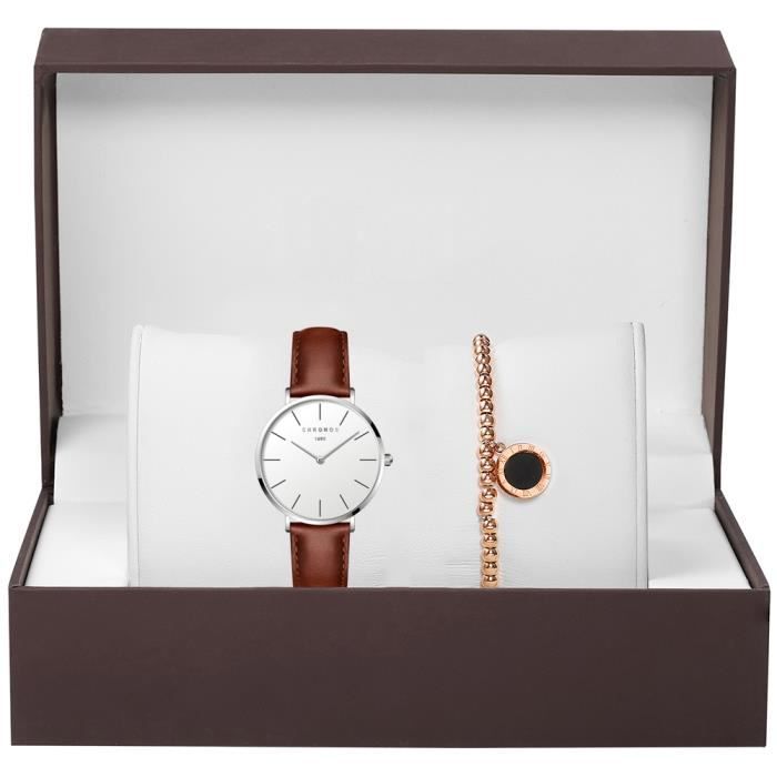 Coffret cadeau montre femme , montre à quartz élégante + bracelet de luxe - bracelet marron , cadran blanc