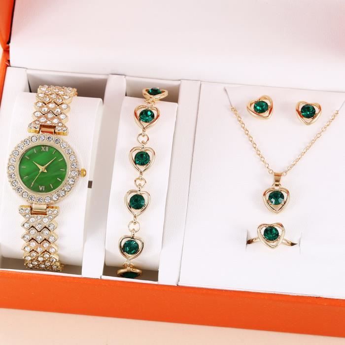 Coffret montre femme + collier + des boucles d'oreilles + anneau + bracelet - strass vert diamant bracelet en acier inoxydable grâce