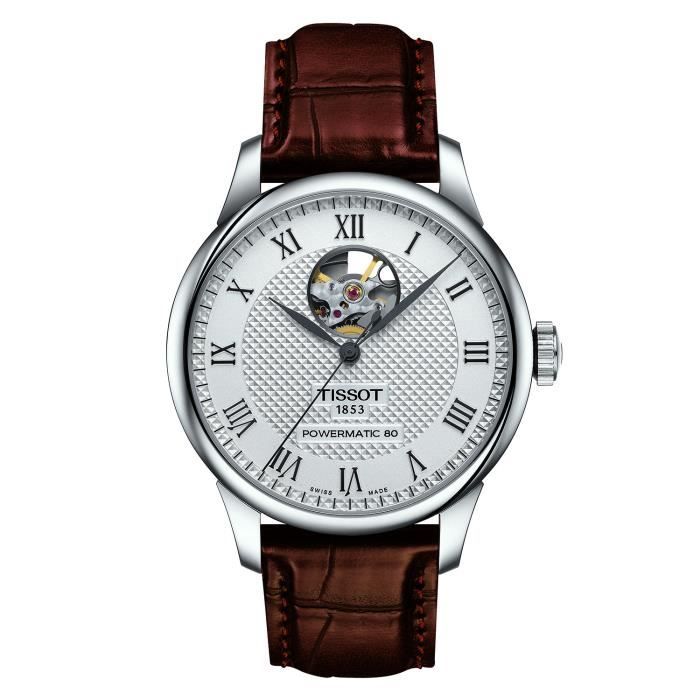Bracelet cuir et tissu - TISSOT - Montre Tissot Le Locle powermatique 80 open heart cuir marron - Couleur de la matière:Blanc