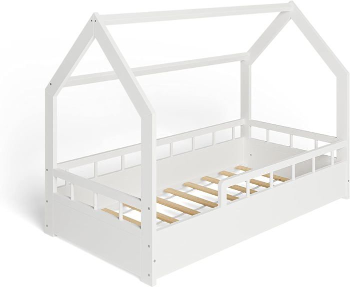 MS FACTORY Lit Enfant Bébé Maison 80x160 cm - Lit en Massif Cabane - Style Scandinave - Blanc Demi-barrières