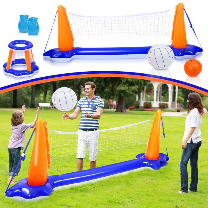 Ensemble Gonflable Volleyball Piscine + Panier Basketball - Filet 114x28x35 + Cerceau 27x23 Cm