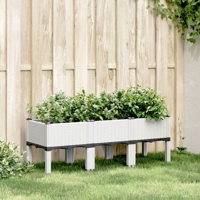 Jardinière Sur Pieds Blanc 120x40x42 Cm - PP, Aspect Rotin, Drainage Intégré, Pour Extérieur