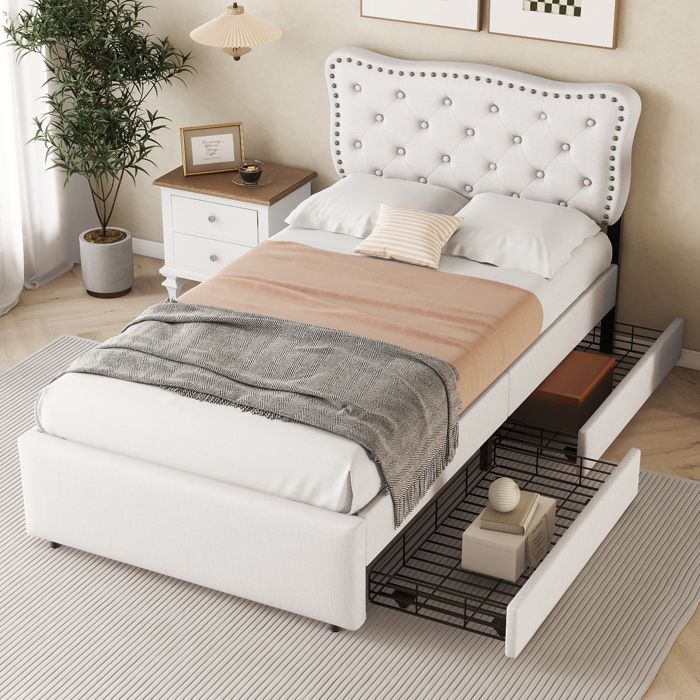 Lit simple - SEA WALL - Chesterfield - 90 x 200 cm - 2 tiroirs - Tête de lit réglable