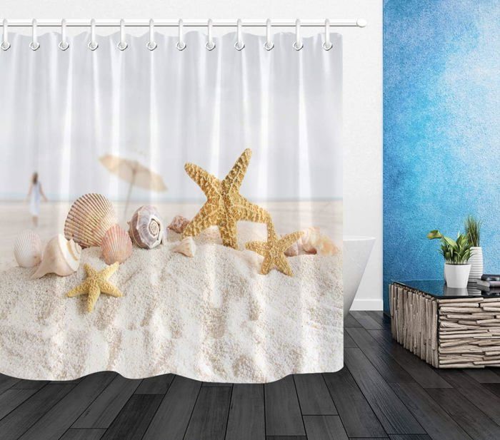 Rideau De Douche 120x200 Cm Motif étoiles De Mer - Tissu Polyester Imperméable Anti-moisissure - Hawaï, Plage, été