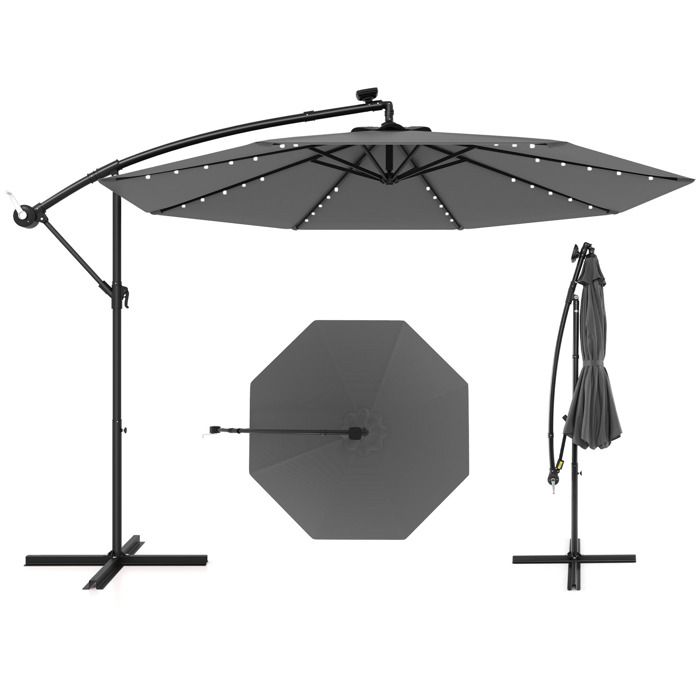 Parasol Déporté 300 x 250 cm-COSTWAY-avec 40 LED - Base Croisée - Réglage dInclinaison - Manivelle - Rotation à 360°- Gris