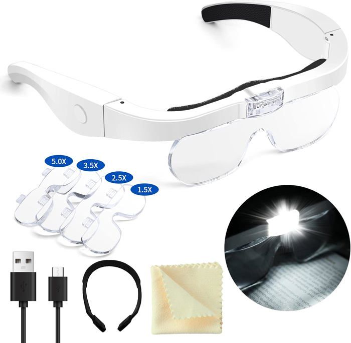 Lunettes De Lecture Avec Lumière LED Rechargeable - Monture Noire, Verres Clairs, Pour Travaux De Précision