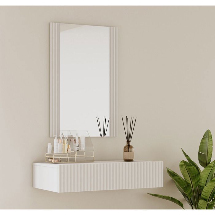 Coiffeuse cannelée - DESIGN AMEUBLEMENT - Velia - Suspendue - Miroir & tiroir - Blanc mat Coiffeuse cannelée - DESIGN AMEUBLEMENT - Velia - Suspendue - Miroir & tiroir - Blanc mat