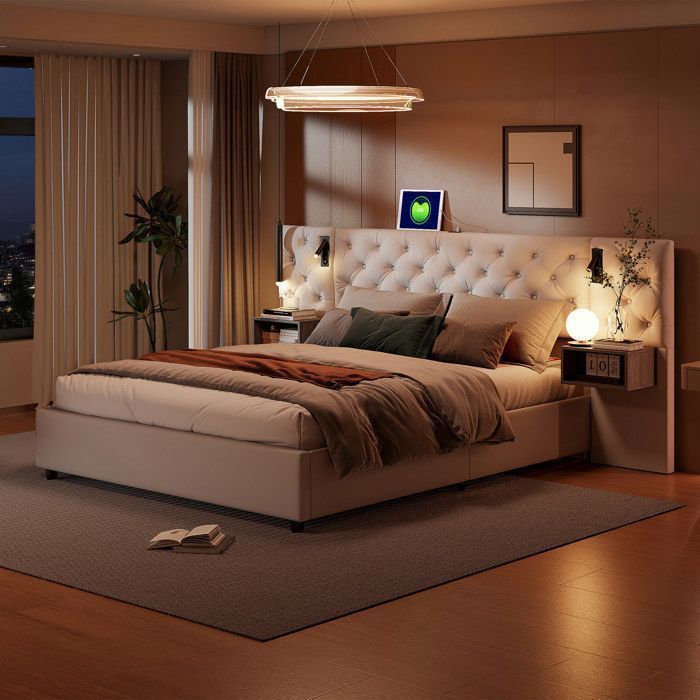 Cadre de lit coffre 140x200 cm velours beige avec rangement hydraulique 2 tiroirs et LED