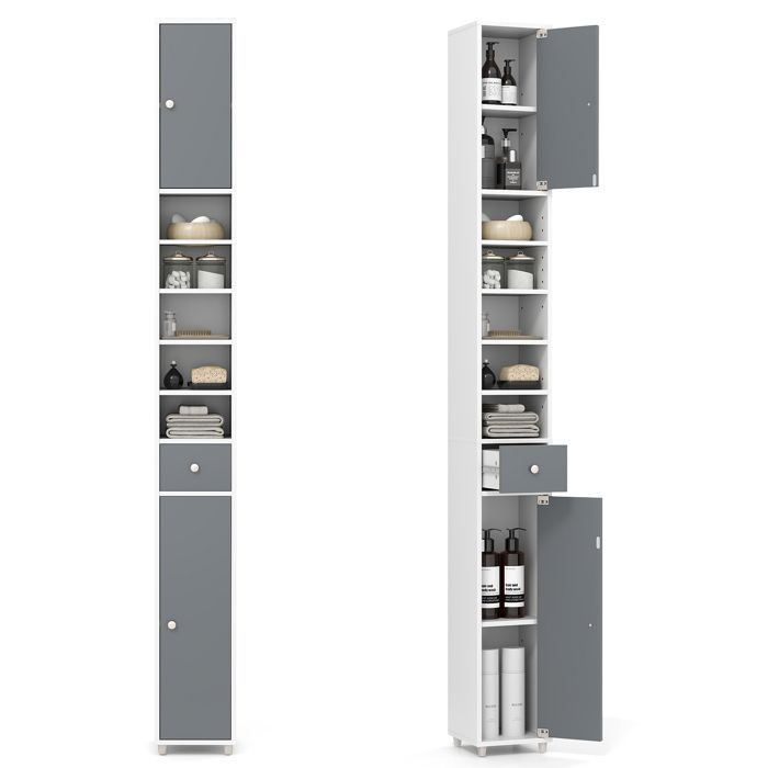 COSTWAY Meuble Colonne de Salle de Bain avec 2 Placards à Porte 1 Tiroir et 5 Étagères Réglables 20 x 20 x 180 cm Gris+Blanc