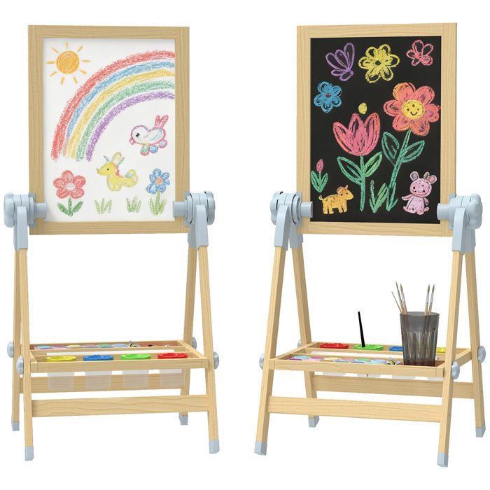Tableau enfant - AIYAPLAY - double face - tableau noir réglable en hauteur et tableau blanc magnétique - 485x465x70-97cm - naturel