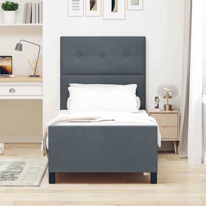 Lit à ressorts avec tête de lit - UU - Gris foncé - Velours - 100x200 cm - Bois massif - Tête de lit ajustable