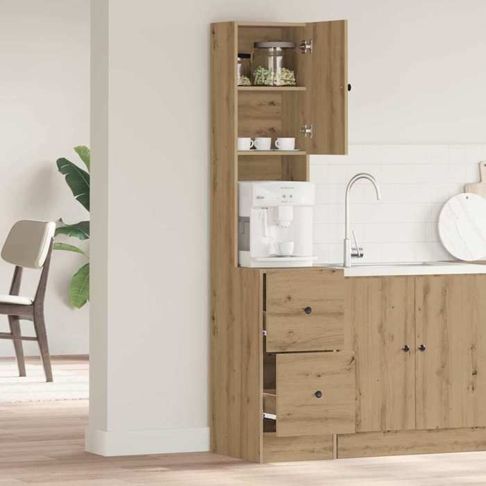 Buffet de cuisine en bois dingénierie - WIENS - Chêne artisanal - 32 x 50 x 180 cm - 3 étagères - 1 porte - Tiroir