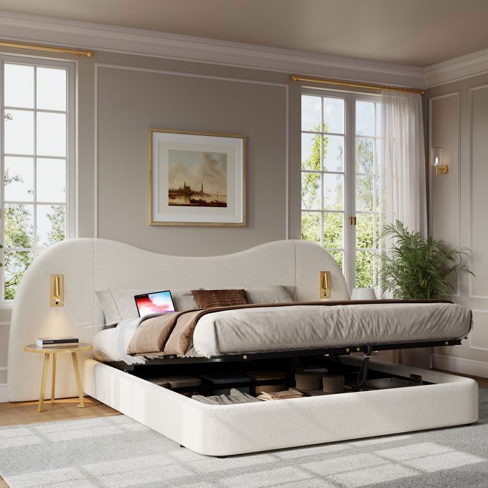 Lit coffre hydraulique 180x200 cm avec tête de lit en Bouclé port USB et lampe de lecture Matelas non inclus Blanc Lit coffre hydraulique 180x200 cm avec tête de lit en Bouclé port USB et lampe de lecture Matelas non inclus Blanc