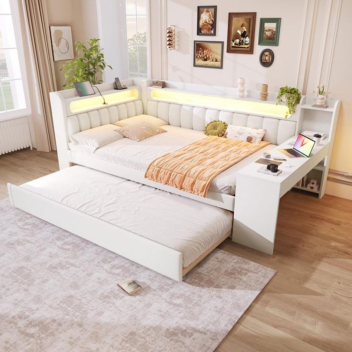 Lit de Repos 140x200 avec Gigogne Bureau USB & LED Confort Blanc Lit de Repos 140x200 avec Gigogne Bureau USB & LED Confort Blanc