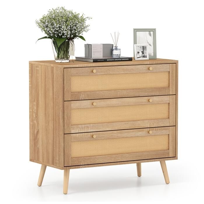 COSTWAY Commode en Rotin à 3 Tiroirs avec 3 Grands Tiroirs et Pieds en Bois de Pin Style Ferme pour Salon Chambre Entrée Naturel