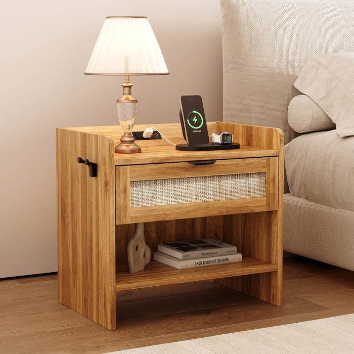 Table de chevet en MDF et rotin - LUNSY - 60x39x56 cm - Marron - Tiroir spacieux - Bords arrondis - Polyvalent