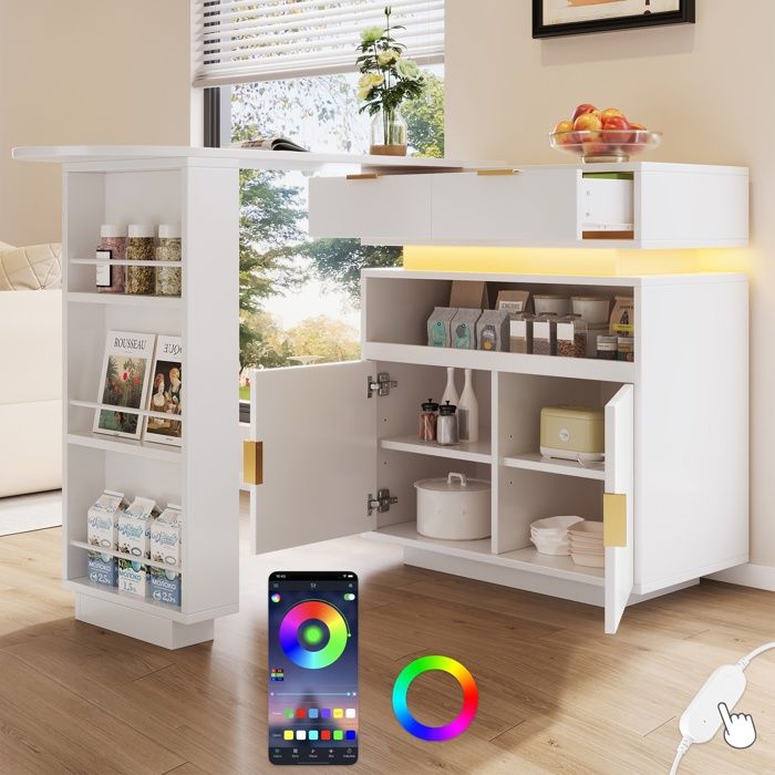 Table de bar extensible 115-183×40×99 îlot de cuisine Table haute avec éclairage LED tiroir portes étagères pour cuisine salon