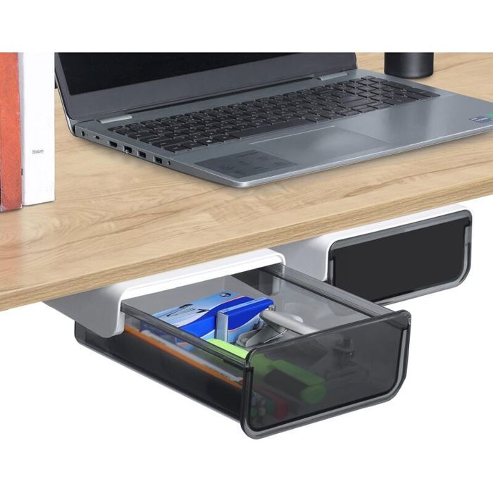 Lot de 2 tiroirs sous bureau coulissants à coller rangement plastique pour fournitures scolaires et loisirs créatifs