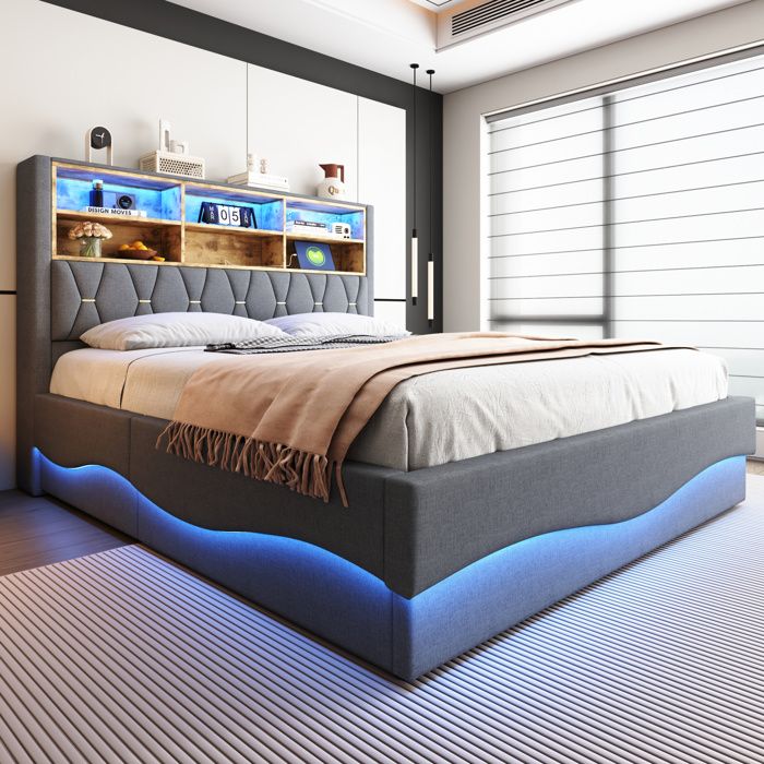 Lit coffre 180x200 cm avec coffre hydraulique LED pilotable port USB sommier métal revêtement gris