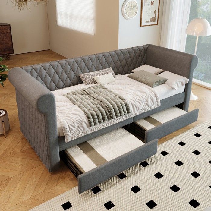 Canapé-lit convertible - PAGE Living - 90 x 200 cm - Lin gris - 2 tiroirs