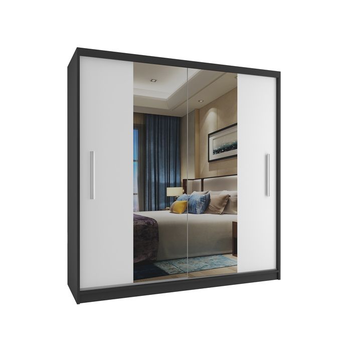 BELINI Grande Armoire 2 Portes Coulissantes VERONA ME 158 cm - Noir / Blanc Mat - Miroir Intégré & Tringle - Chambre Adulte