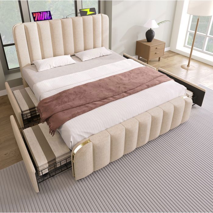 MEUBLIV Lit rembourré 140 x 200 cm avec matelas USB et Type-C 4 tiroirs sommier à lattes beige